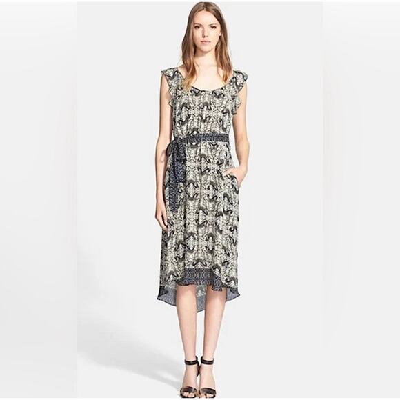 L’agence Audrey Butterfly Print 100% Silk Georgette Dress In Taupe Navy XS - Picture 1 of 10